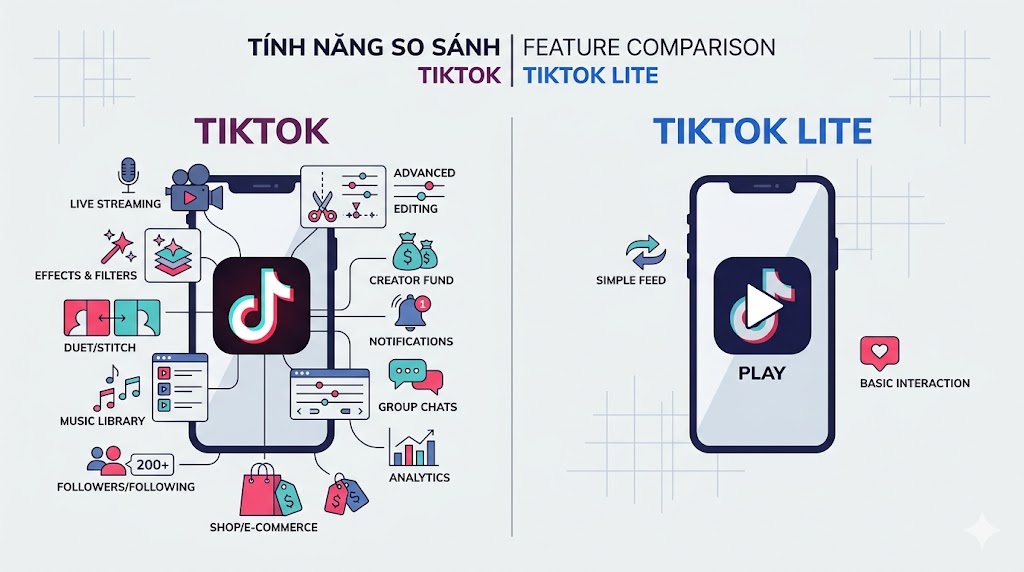 TikTok Lite là gì? Giải pháp lướt video mượt mà cho điện thoại đầy bộ nhớ 8 So sánh sự khác biệt về công cụ giữa ứng dụng TikTok thường và bản Lite