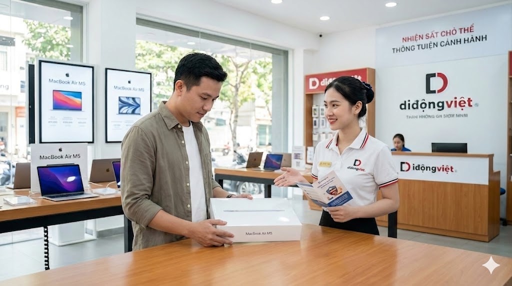 Khách hàng an tâm mua sắm MacBook Air M5 chính hãng tại hệ thống Di Động Việt