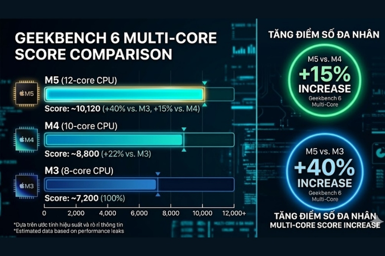 Bảng so sánh điểm hiệu năng đa nhân Geekbench 6 của chip M5 so với các thế hệ tiền nhiệm