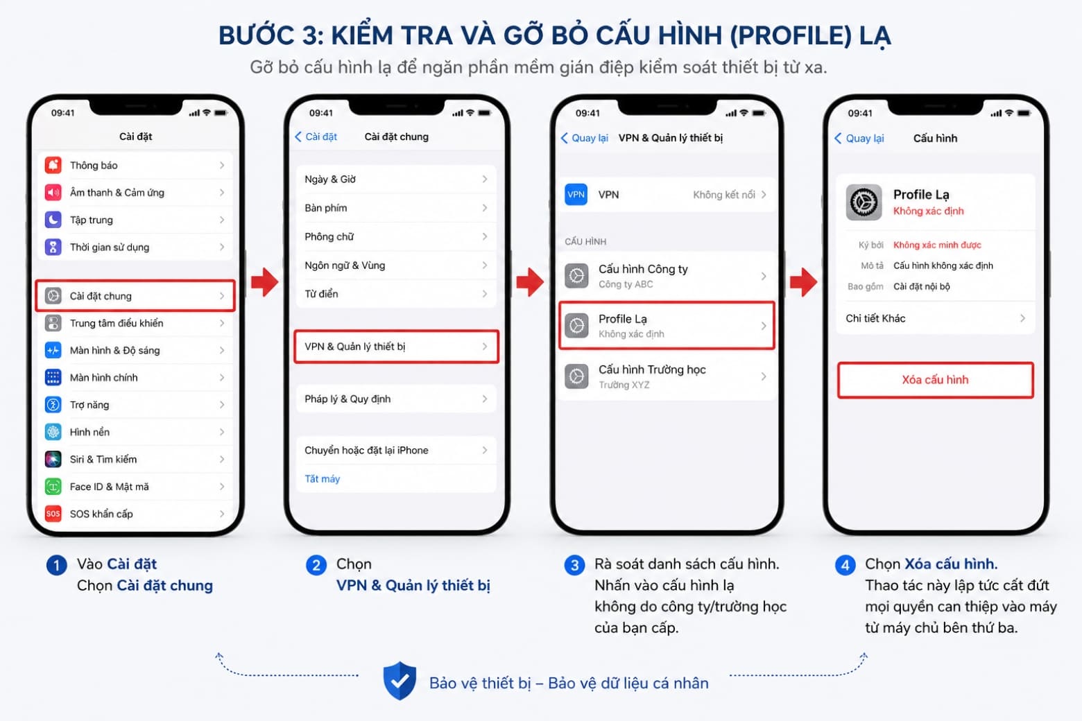 Bước 3: Kiểm tra và gỡ bỏ Cấu hình (Profile) lạ