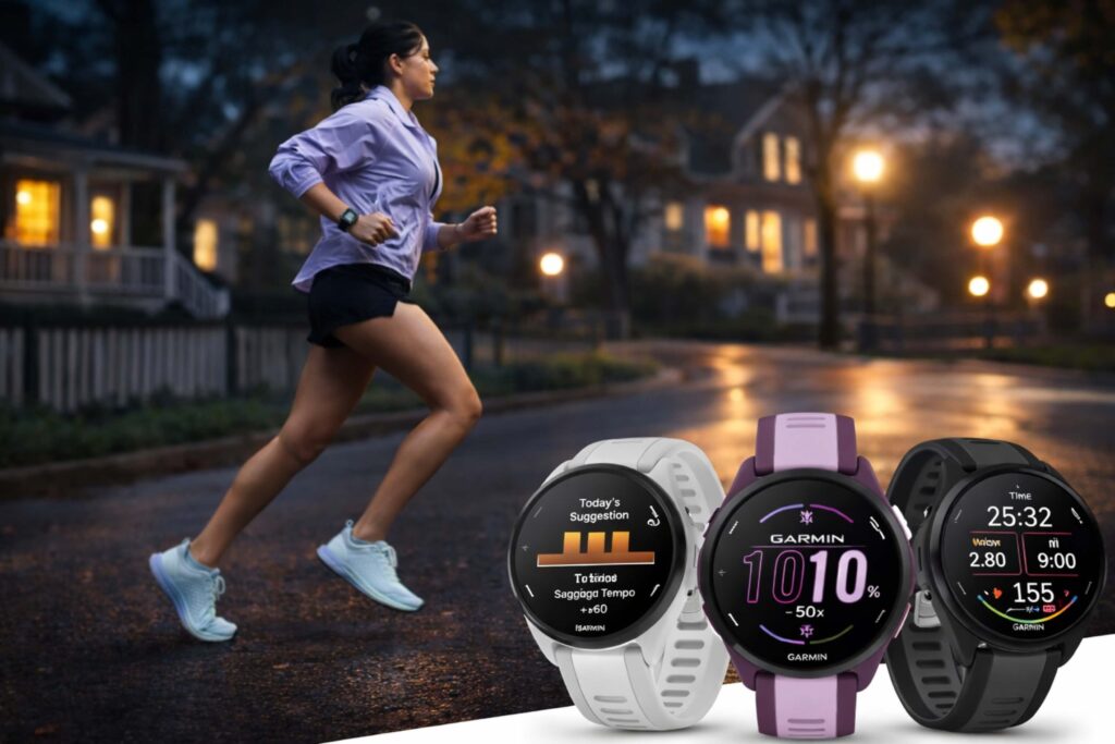 Garmin Forerunner 165 nổi bật với màn hình AMOLED sắc nét ngoài trời và thiết kế 39g đeo thoải mái suốt ngày.