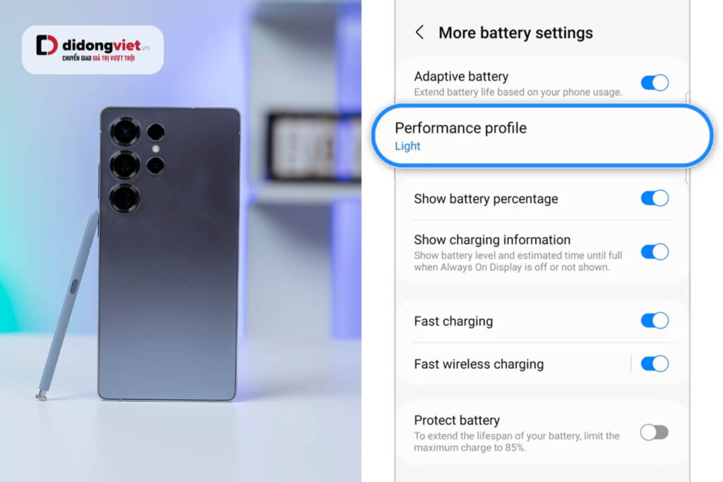 Đánh giá pin S25 Ultra thực tế sau 1 năm sử dụng và tốc độ sạc 45W 26 Light Performance Mode giúp tăng thêm khoảng 45-60 phút pin mà vẫn mượt ở 120Hz.
