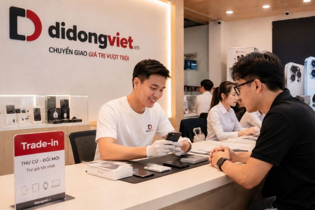 Nhân viên Di Động Việt hỗ trợ định giá máy cũ trong chương trình Thu cũ đổi mới