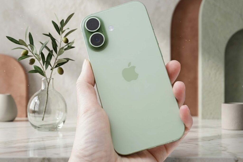 iPhone 17 Sage Green nổi bật với mặt lưng nhám chống bám vân tay và khung nhôm cầm chắc tay.