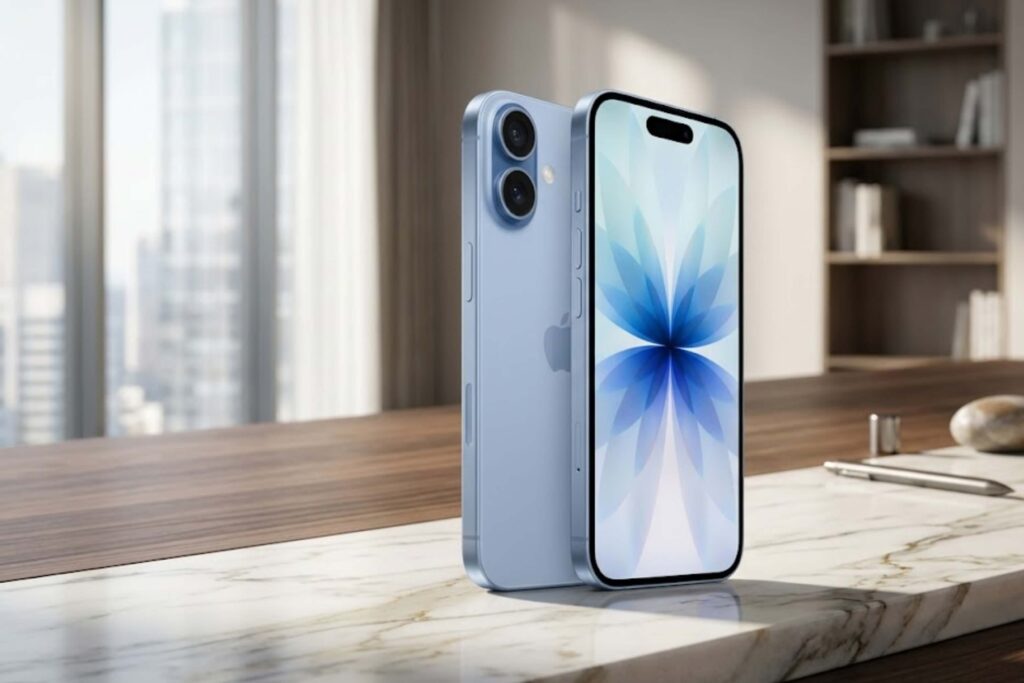 iPhone 17 Mist Blue nổi bật với kính nhám mờ giả khói, chip A19 và màn hình 120Hz.