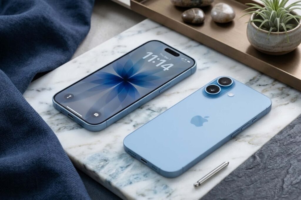 iPhone 17 Mist Blue đổi sắc theo ánh sáng, sáng nổi bật ngoài trời và trầm sang xám sương trong nhà.