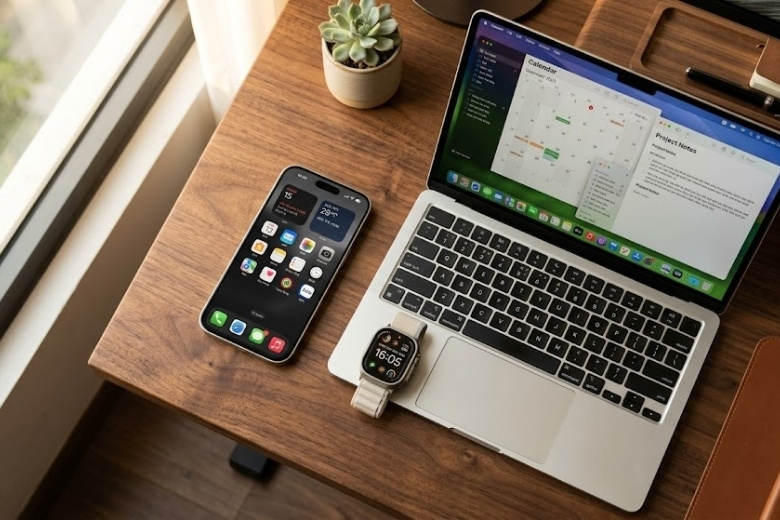 Phone 17 Pro Max màu Bạc và các thiết bị hệ sinh thái Apple