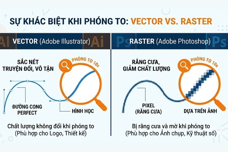Điểm khác biệt cốt lõi giữa Illustrator và Photoshop
