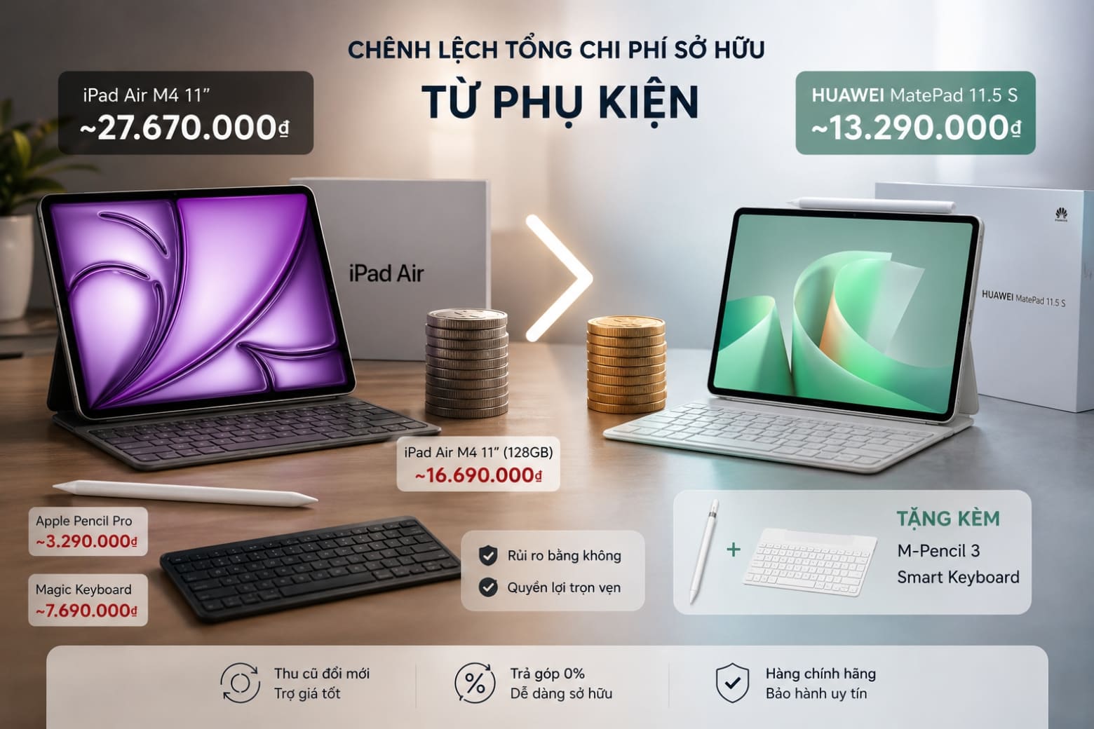 So sánh iPad Air M4 và HUAWEI MatePad 11.5 S: Bài toán tổng chi phí và trải nghiệm 8 Tổng chi phí sở hữu (TCO): Chênh lệch khổng lồ từ phụ kiện
