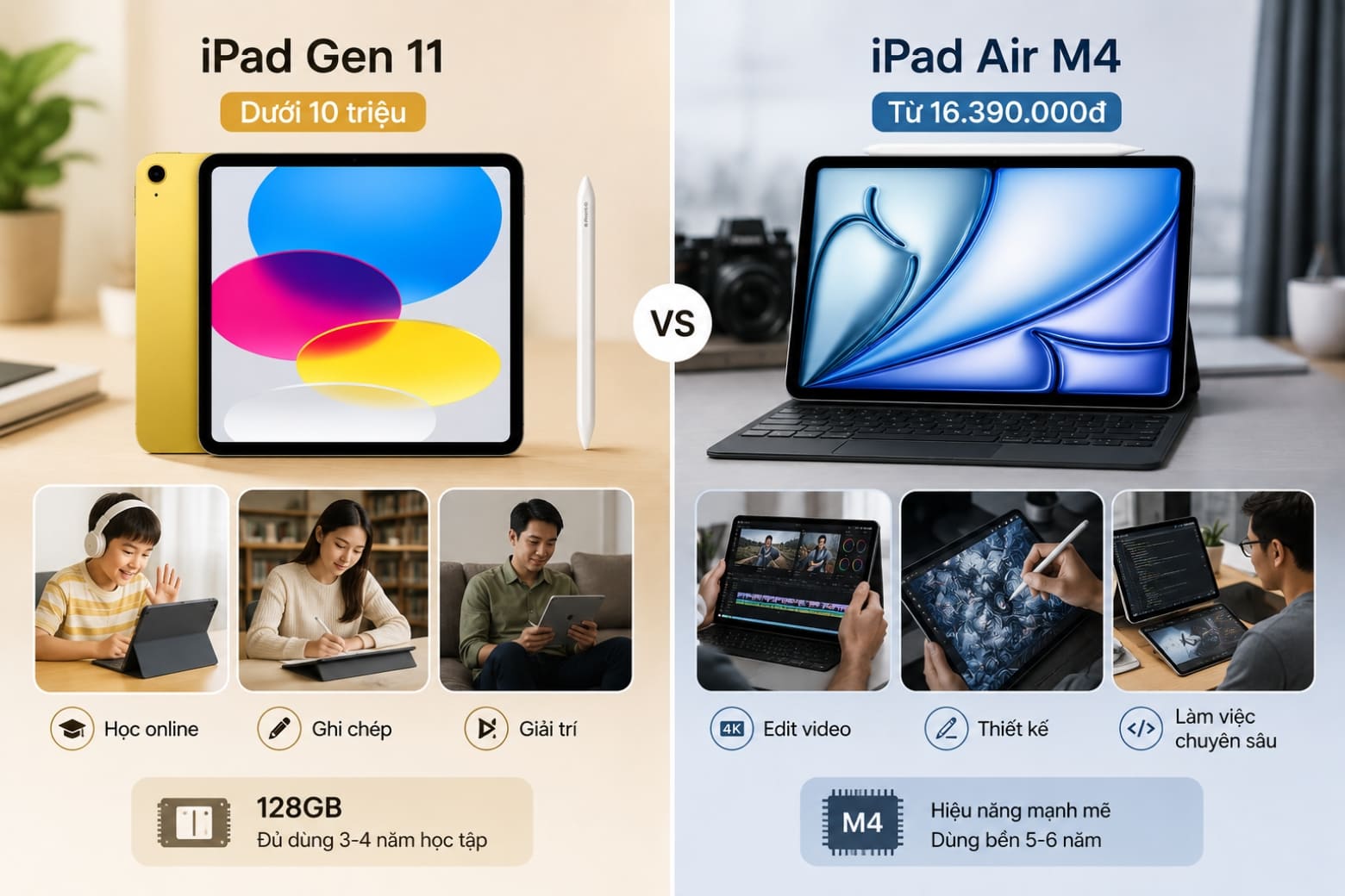 Nên chọn iPad Air M4 hay iPad Gen 11?