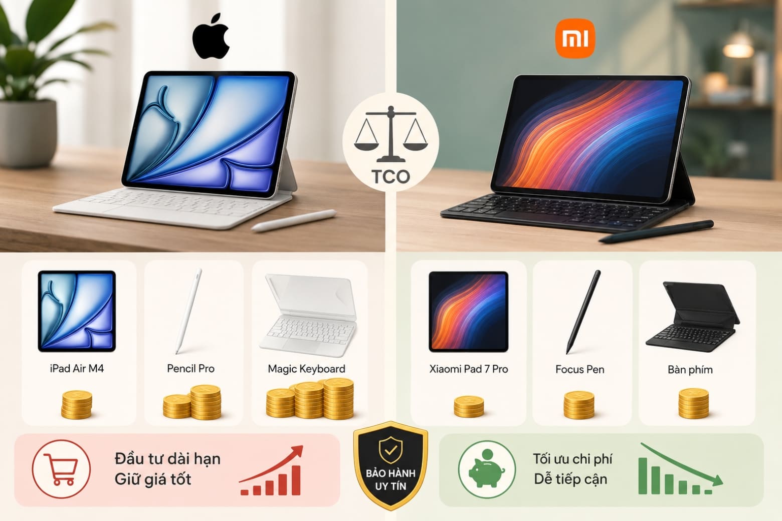 So sánh iPad Air M4 và Xiaomi Pad 7 Pro: Chọn hệ sinh thái hay cấu hình? 8 Tổng chi phí sở hữu (TCO) và Hệ sinh thái phụ kiện