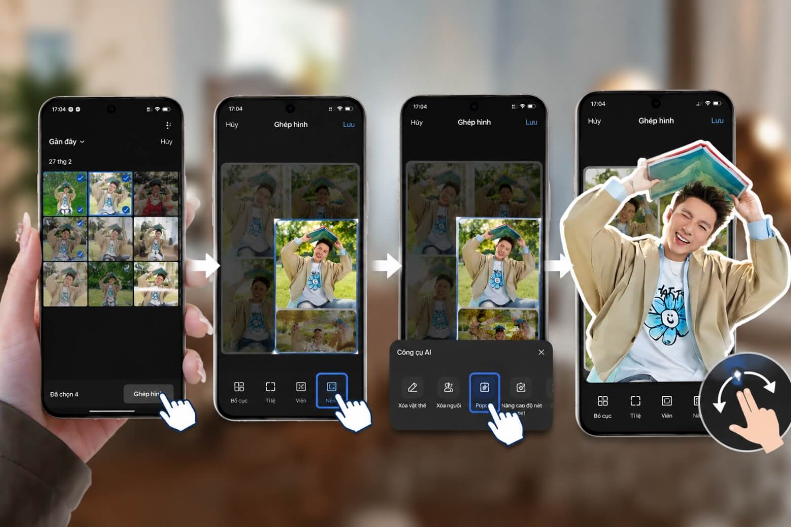 Cách dùng AI Pop-out trên OPPO Reno15 để tách nền và kéo thả trực tiếp 8 AI Pop-out trên OPPO Reno15 ghép ảnh 3D Collage