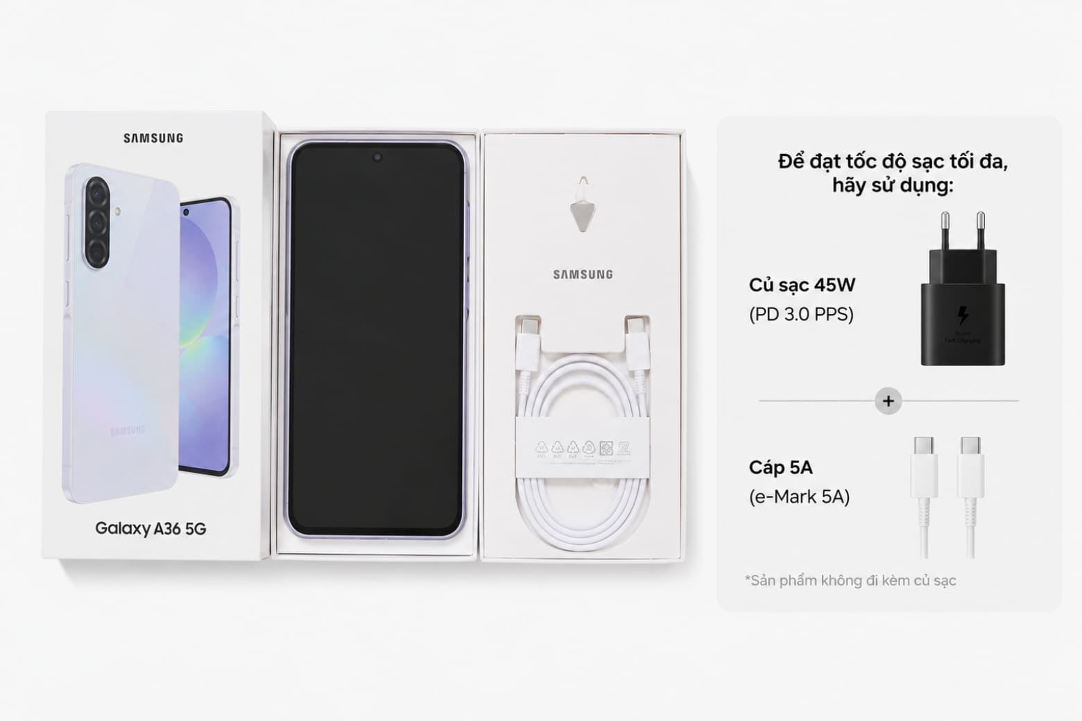 Hộp Samsung A36 không kèm củ sạc nhanh 45W và cáp 5A