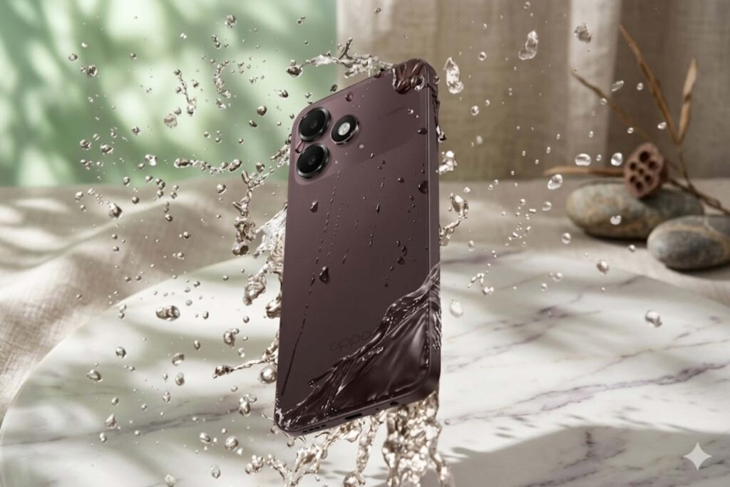 OPPO A6c có mặt lưng thủy tinh hữu cơ chống bám mồ hôi, đạt chuẩn IP64 chống bụi nước nhẹ phù hợp sử dụng ngoài trời.