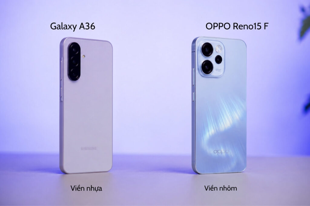 So sánh chi tiết OPPO Reno15 F và Samsung Galaxy A36 9 Galaxy A36 ghi điểm với thiết kế mỏng nhẹ và mặt lưng kính cao cấp, mang lại cảm giác sử dụng thanh thoát hằng ngày.
