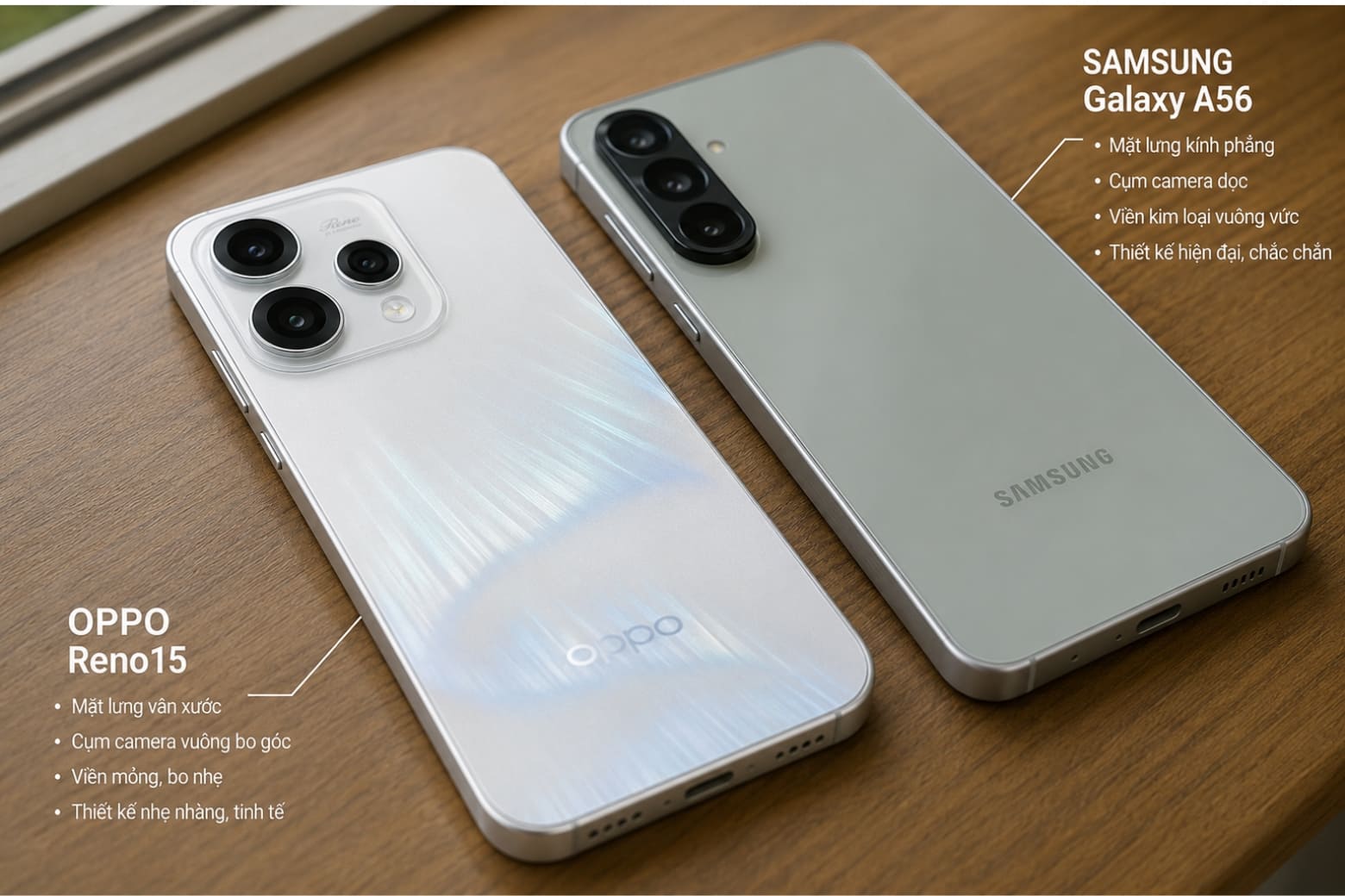 So sánh OPPO Reno15 và Samsung Galaxy A56: Lựa chọn tối ưu theo nhu cầu 2026 5 Khác biệt về thiết kế và cảm giác cầm nắm thực tế