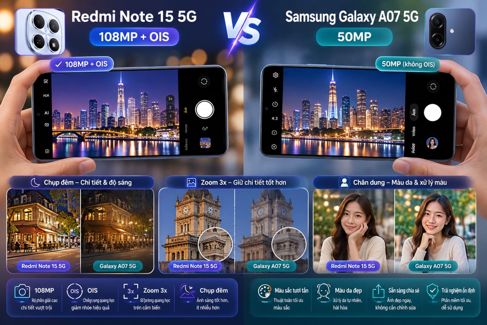 So sánh Redmi Note 15 và Samsung A07 5G: Chọn cấu hình hay sự bền bỉ? 7 So sánh khả năng nhiếp ảnh thực tế giữa cảm biến 108MP và 50MP