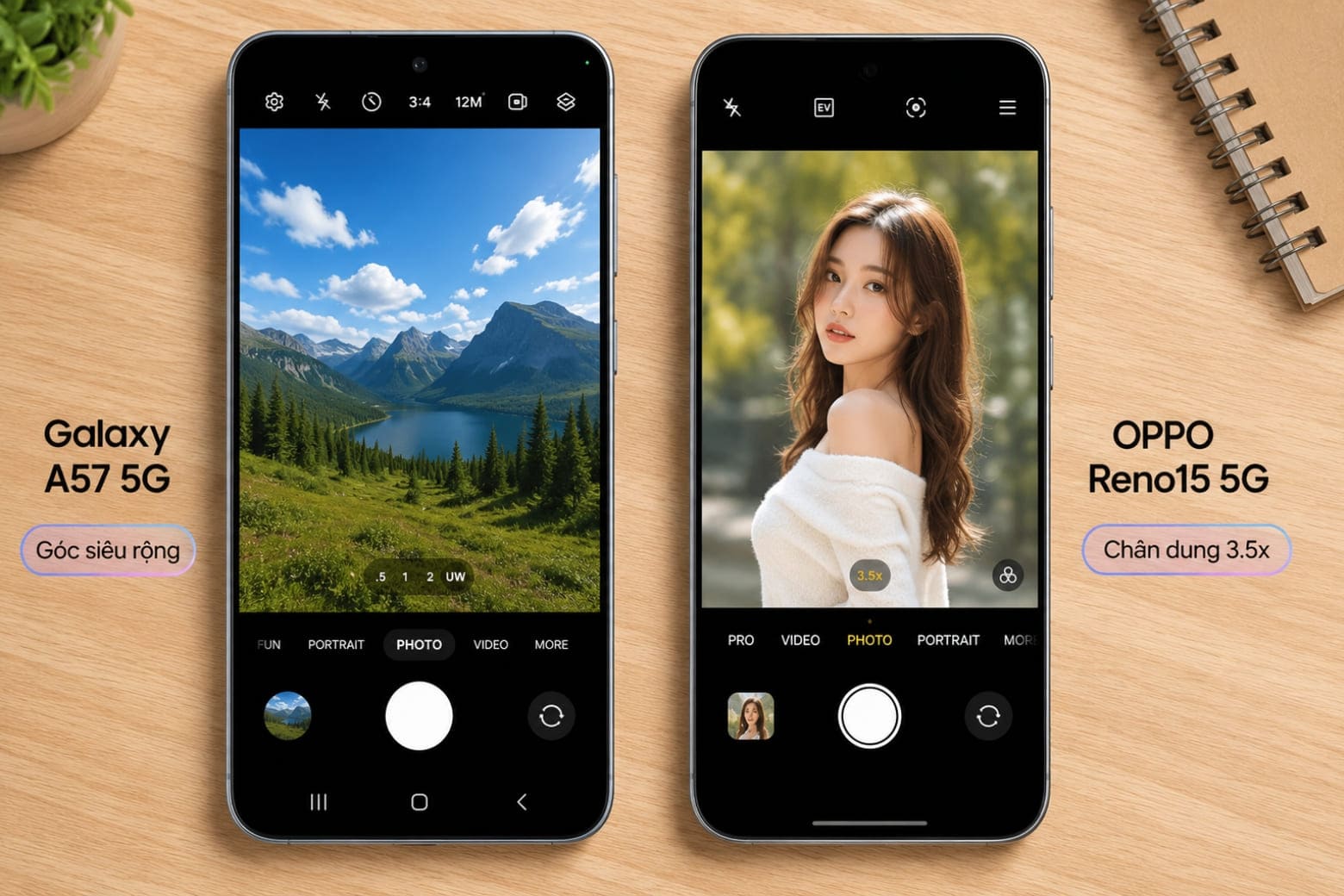 So sánh Samsung A57 và OPPO Reno15 về camera chụp ảnh và chân dung