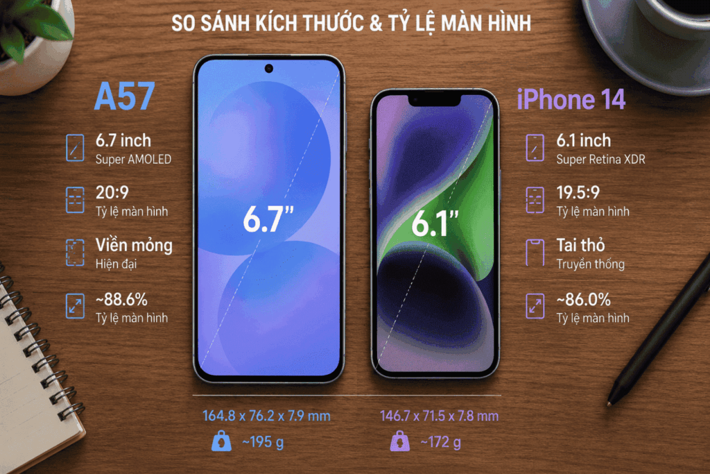 So sánh Samsung Galaxy A57 và iPhone 14 về ngoại quan, màn hình