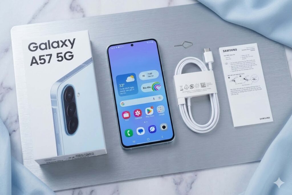 Galaxy A57 sở hữu pin 5.000mAh và sạc nhanh 45W, nhưng cần mua thêm củ sạc riêng.