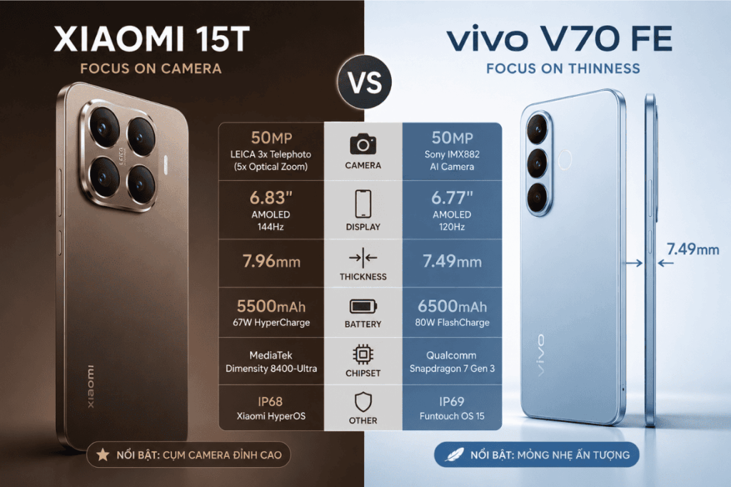 So sánh Xiaomi 15T 5G và vivo V70 FE 5G: Chọn hiệu năng hay pin khủng? 5 So sánh Xiaomi 15T 5G và Vivo V70 FE 5G