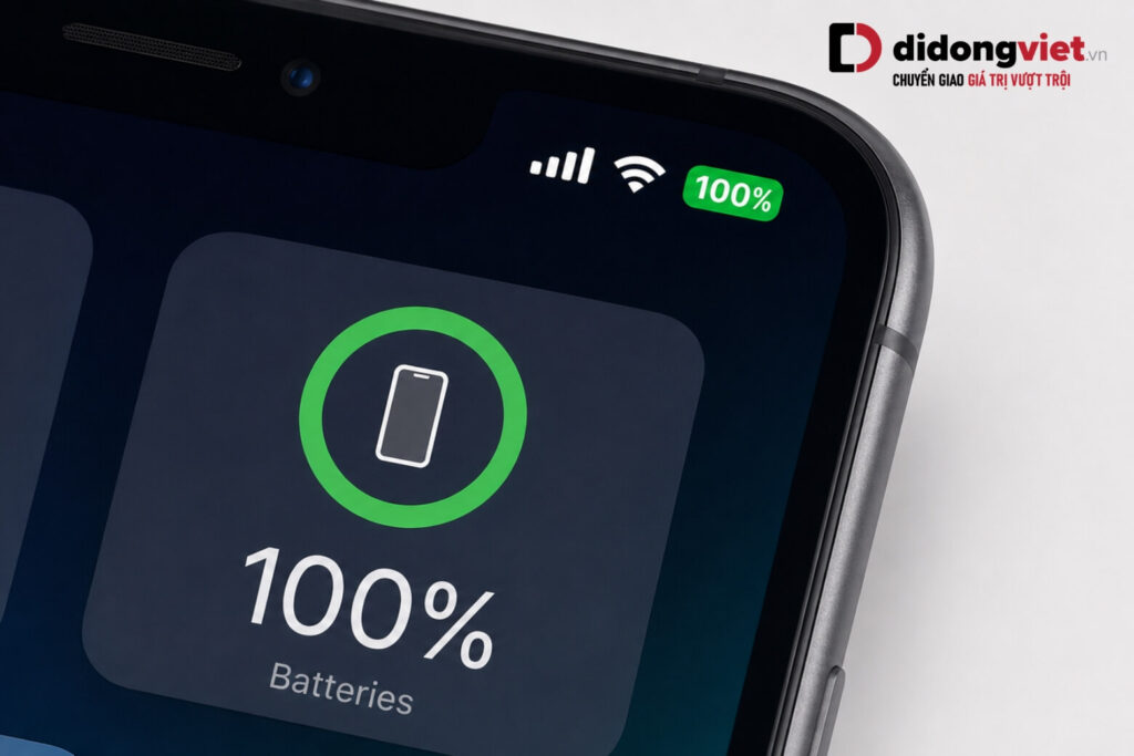 Cách nhận biết iPhone sạc đầy pin: 4 dấu hiệu chuẩn xác và giải mã "nghịch lý 80%" 5 Widget pin và biểu tượng thanh trạng thái trên iPhone hiển thị mức 100% màu xanh lá.