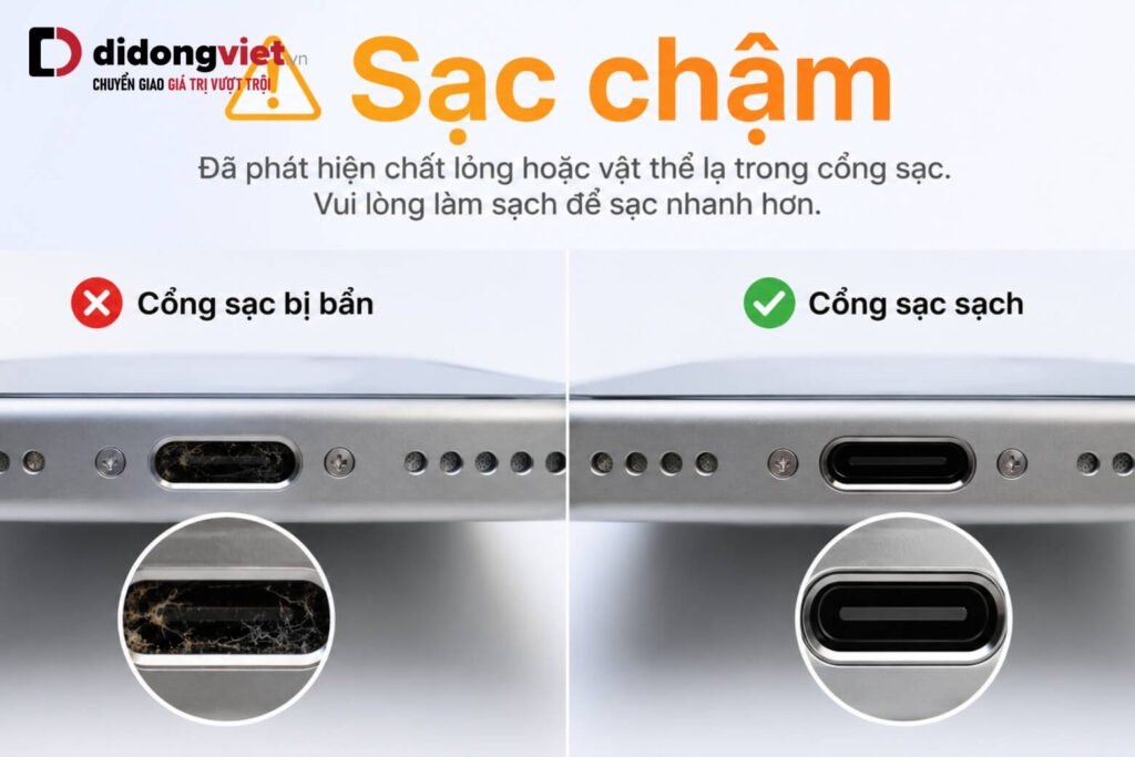 Cách nhận biết iPhone sạc đầy pin: 4 dấu hiệu chuẩn xác và giải mã "nghịch lý 80%" 8 Cổng sạc bẩn hay củ sạc cũ? Giải mã nguyên nhân khiến iPhone sạc mãi không đầy.