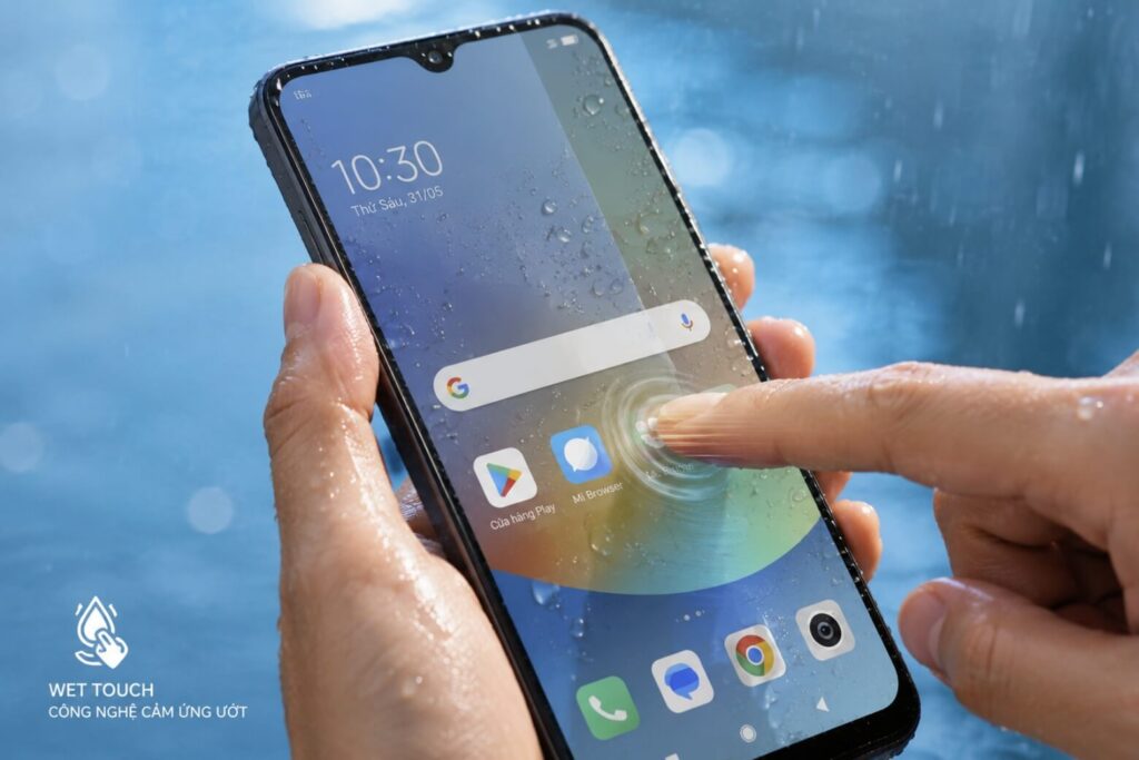 Có nên mua Xiaomi Redmi A7 để phục vụ chạy xe công nghệ cả ngày dài? 6 Công nghệ cảm ứng Wet Touch hỗ trợ vuốt chạm màn hình mượt mà khi dính nước