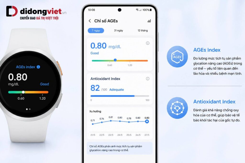 Đánh giá hiệu năng Samsung Galaxy Watch9 với vi xử lý Snapdragon Wear Elite và thời lượng pin thực tế 7 Giao diện đo lường chỉ số AGEs và Antioxidant Index chuyên sâu trên thiết bị Galaxy Watch9