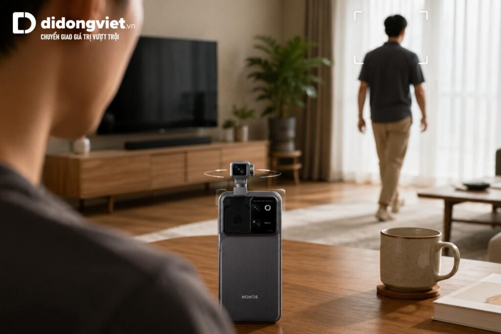 Honor Robot Phone tích hợp AI hiện thân ra mắt có gì vượt trội? 5 Điện thoại Honor AI đang sử dụng tính năng Object Tracking bám theo người dùng di chuyển trong phòng.