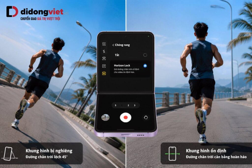 Hướng dẫn cách dùng các chế độ quay video trên Z Flip8: Tối ưu FlexCam và Camcorder 8 So sánh video bị nghiêng và video phẳng khi bật Horizon Lock trên Galaxy Z Flip8