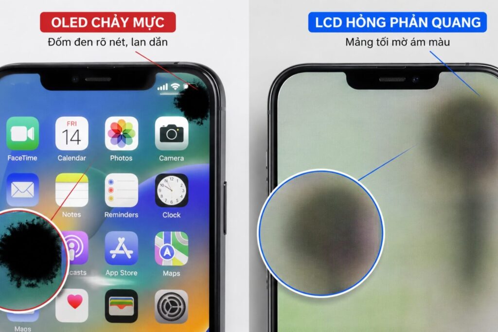 iPhone bị đen góc màn hình- Hướng dẫn chẩn đoán nguyên nhân và xử lý lỗi 7 So sánh hiện tượng chảy mực trên màn hình OLED và hỏng phản quang trên màn hình LCD của iPhone