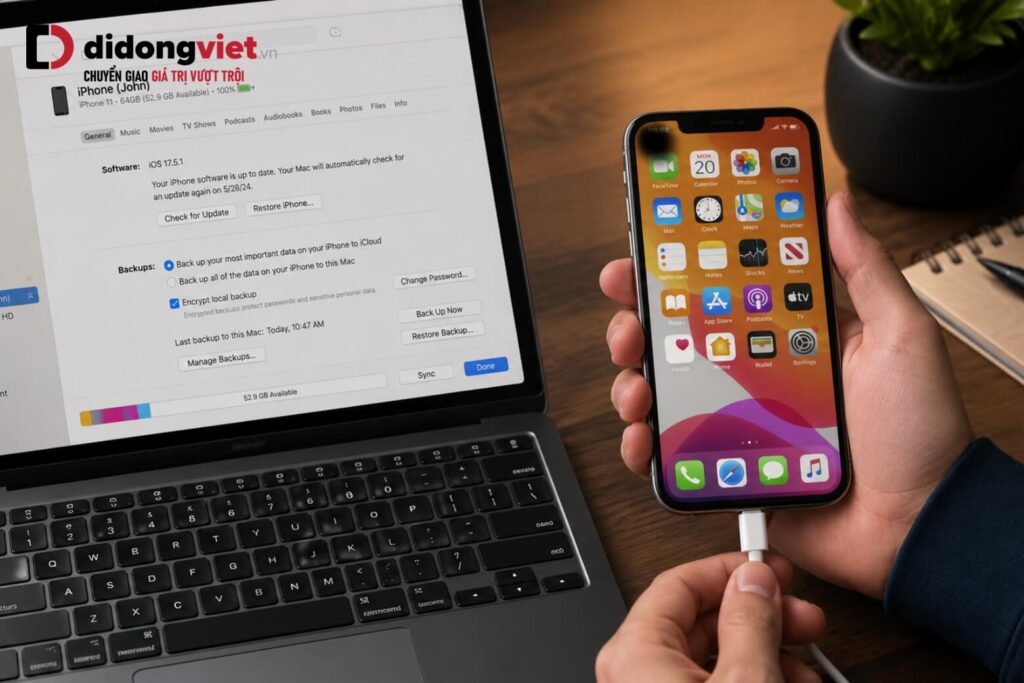 iPhone bị đen góc màn hình- Hướng dẫn chẩn đoán nguyên nhân và xử lý lỗi 10 Hướng dẫn cắm cáp sao lưu dữ liệu iPhone ngay khi phát hiện vết đen trên màn hình