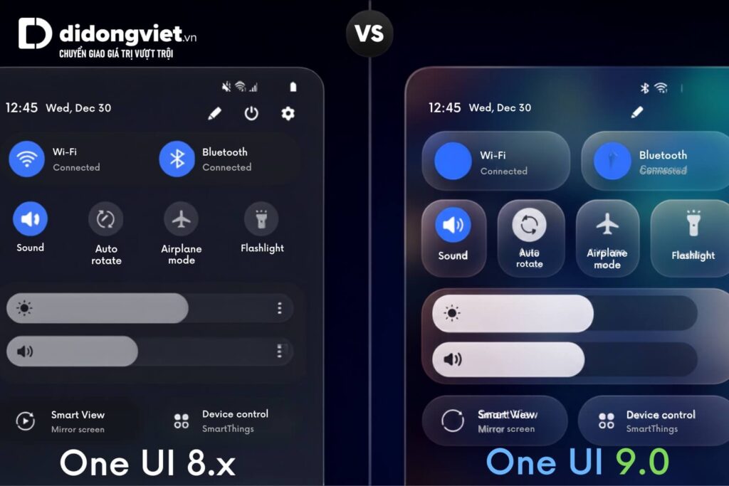 Bản cập nhật One UI 9.0 trên Samsung có gì mới và danh sách thiết bị hỗ trợ 5 So sánh giao diện bảng điều khiển nhanh giữa One UI 8 và One UI 9.0 với thanh trượt độ sáng dày hơn