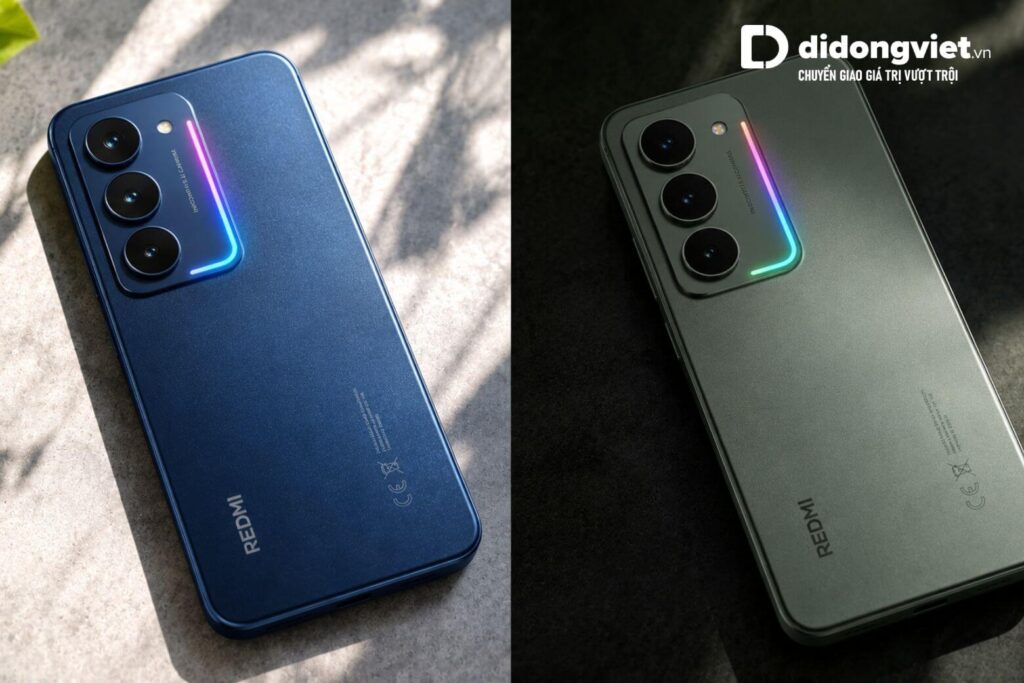 REDMI 17 5G dự kiến có mấy màu và hướng dẫn chọn màu phù hợp 6 So sánh mặt lưng nhám mờ của REDMI 17 5G màu Xanh thẫm và Xanh lá sồi dưới ánh sáng