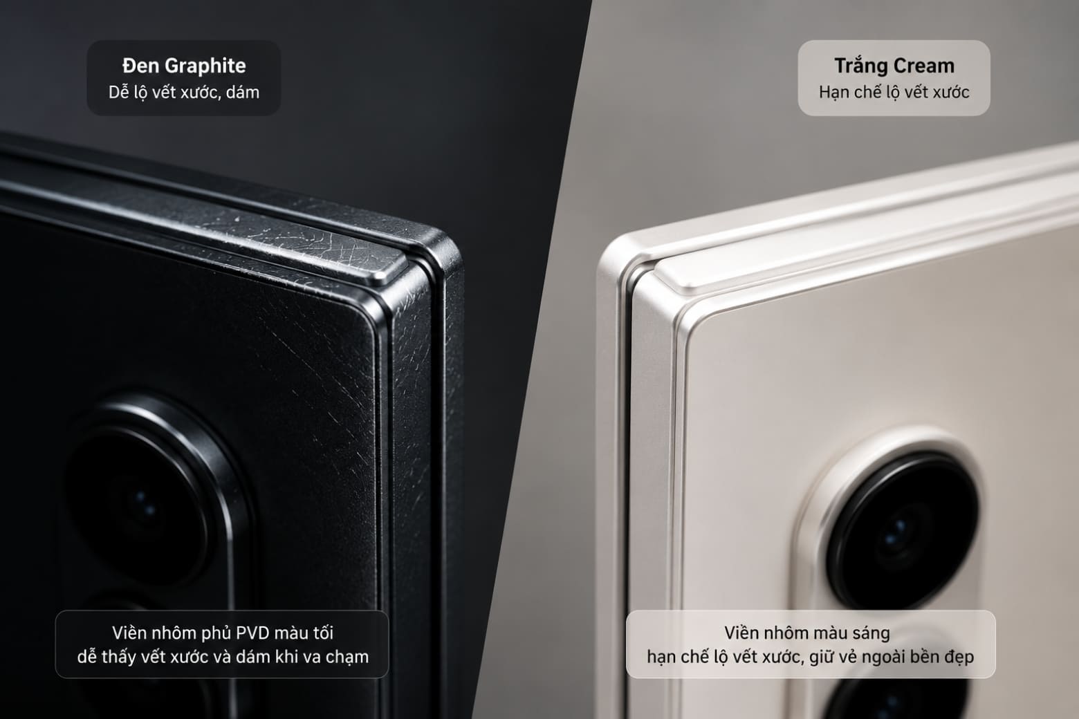 Samsung Galaxy Z Fold8 Ultra có mấy màu? Phân tích tính ứng dụng và tiềm năng giữ giá 11 So sánh độ lộ vết xước viền giữa bản Đen Graphite phủ PVD tối màu và bản Trắng Cream