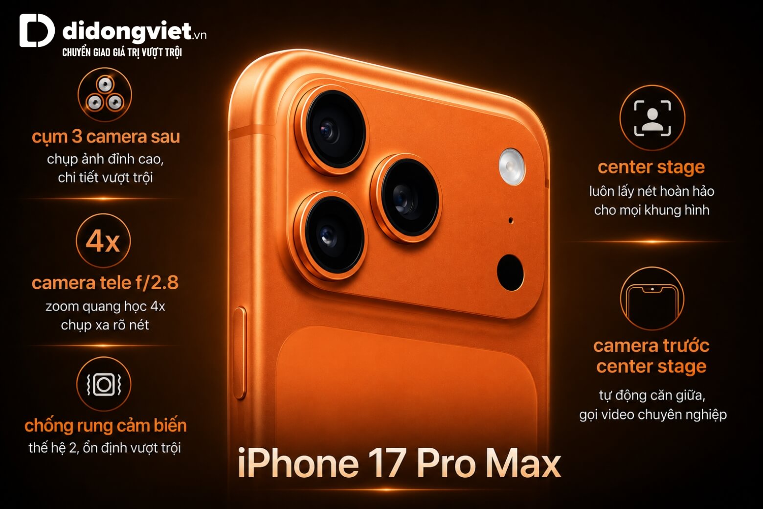 So sánh iPhone 17 Pro Max và Samsung S26 Ultra: Cuộc đối đầu về thông số kỹ thuật 22 Camera iPhone 17 Pro Max với cụm 3 camera độc đáo