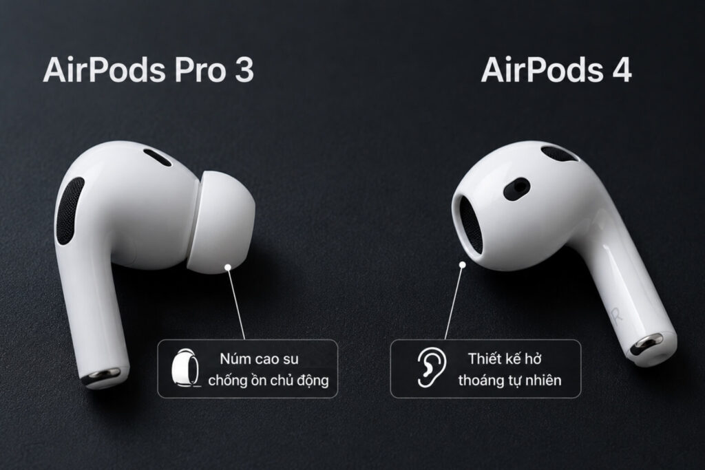 So sánh AirPods Pro 3 và AirPods 4 để chọn đúng tai nghe theo nhu cầu 6 Hình ảnh so sánh chi tiết củ tai nghe nhét tai AirPods Pro 3 và thiết kế hở AirPods 4