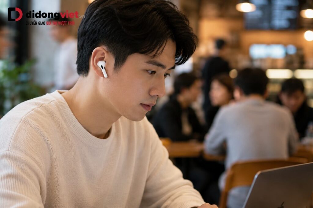So sánh AirPods Pro 3 và AirPods 4 để chọn đúng tai nghe theo nhu cầu 7 Người dùng đeo AirPods Pro 3 làm việc trong không gian quán cafe ồn ào