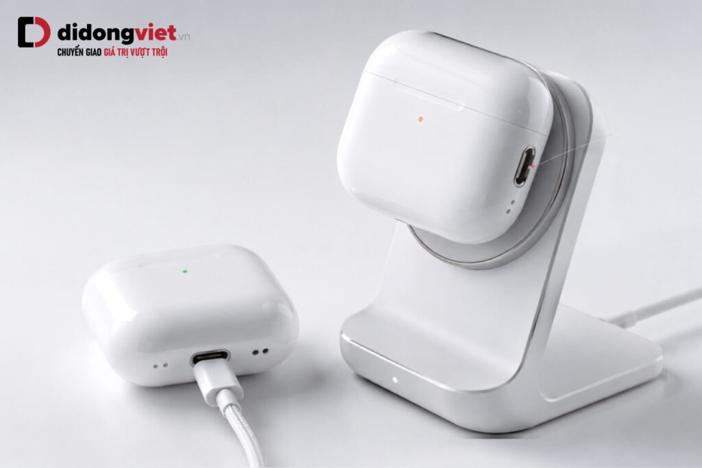 So sánh AirPods Pro 3 và AirPods 4 để chọn đúng tai nghe theo nhu cầu 9 Hộp sạc AirPods Pro 3 hít từ tính trên đế sạc chuẩn MagSafe