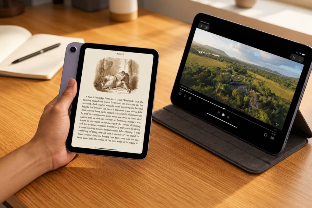 So sánh iPad mini 7 và iPad A16: Chọn sức mạnh AI hay không gian lớn? 6 So sánh kích thước iPad mini 7 cầm một tay và iPad A16 đặt trên bàn