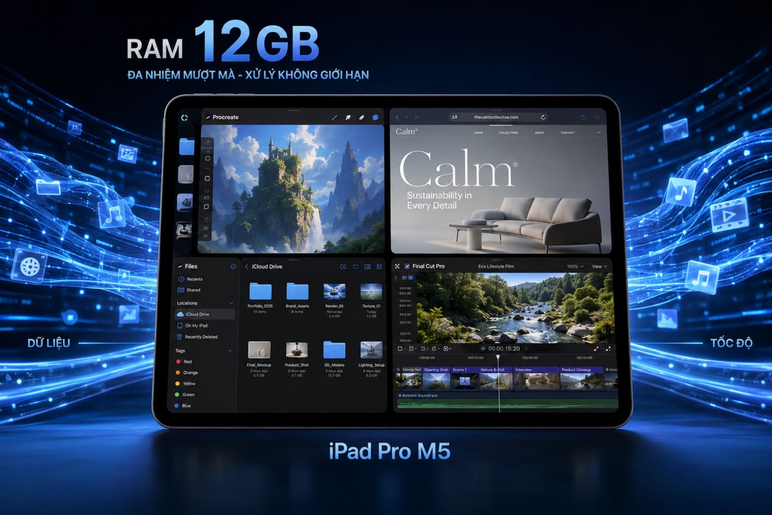 So sánh iPad Pro M5 và iPad Pro M4 để tìm bản nâng cấp xứng đáng 4 Khả năng đa nhiệm mượt mà trên iPad Pro M5 nhờ dung lượng RAM 12GB