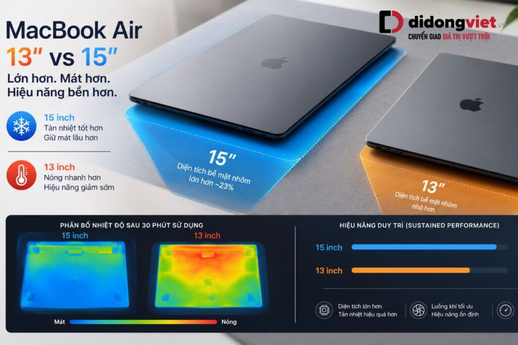 So sánh MacBook Air M5 13 inch và 15 inch để tìm ra phiên bản phù hợp 7 MacBook Air M5 15 inch tản nhiệt tốt hơn, trong khi thời lượng pin tương đương bản 13 inch.