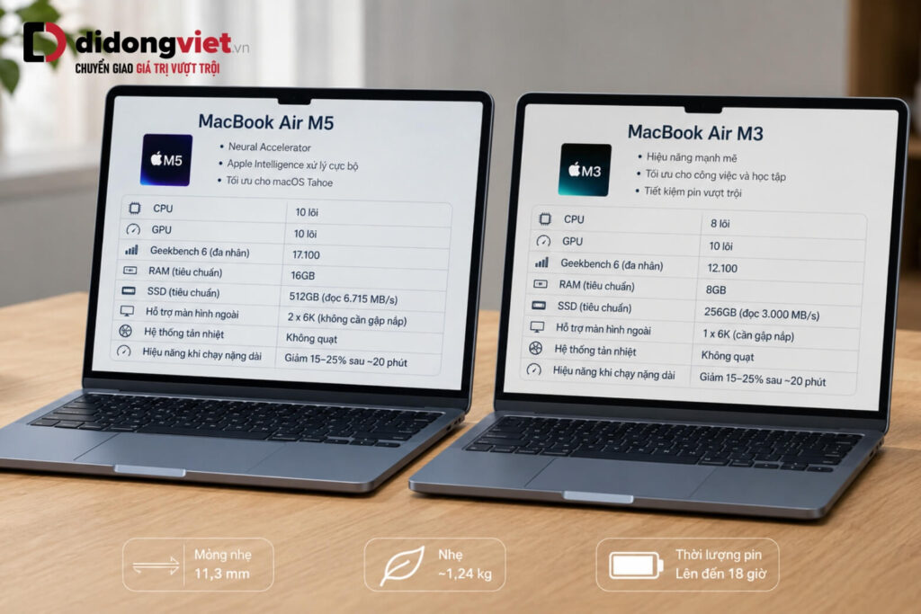 So sánh MacBook Air M5 và MacBook Air M3 cùng bài toán nâng cấp thực tế 6 Bảng so sánh cấu hình tiêu chuẩn giữa MacBook Air M5 và MacBook Air M3