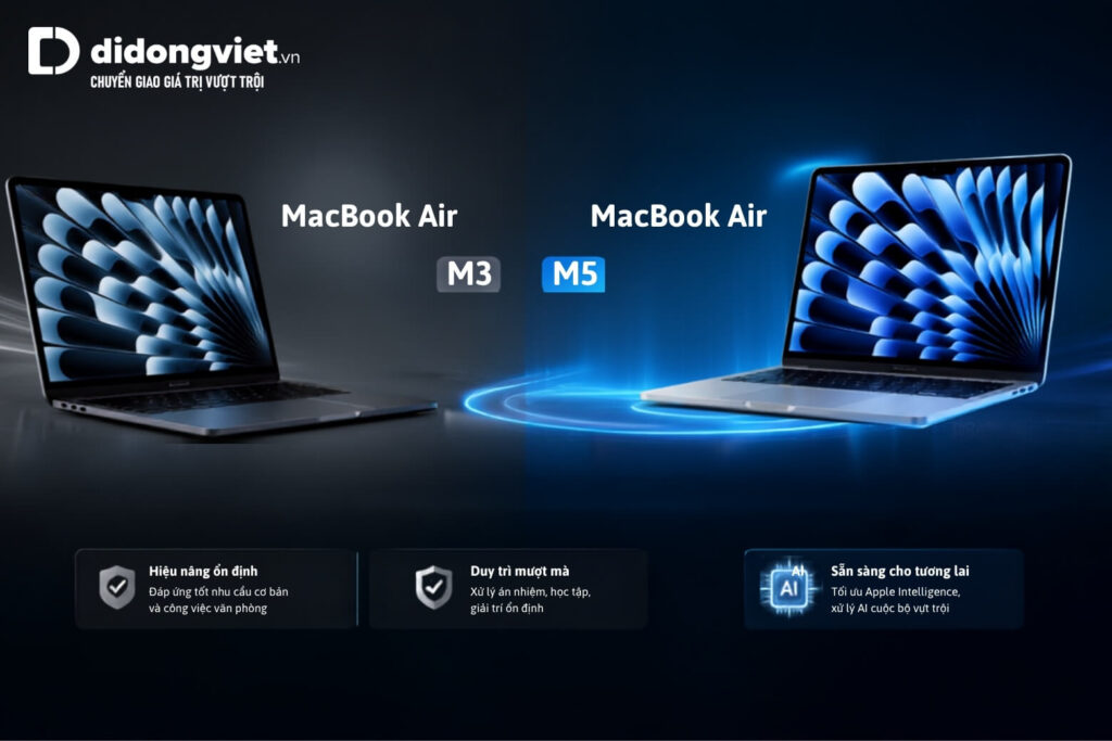 So sánh MacBook Air M5 và MacBook Air M3 cùng bài toán nâng cấp thực tế 10 MacBook Air M3 hấp dẫn về giá, MacBook Air M5 vượt trội về giá trị sử dụng lâu dài.