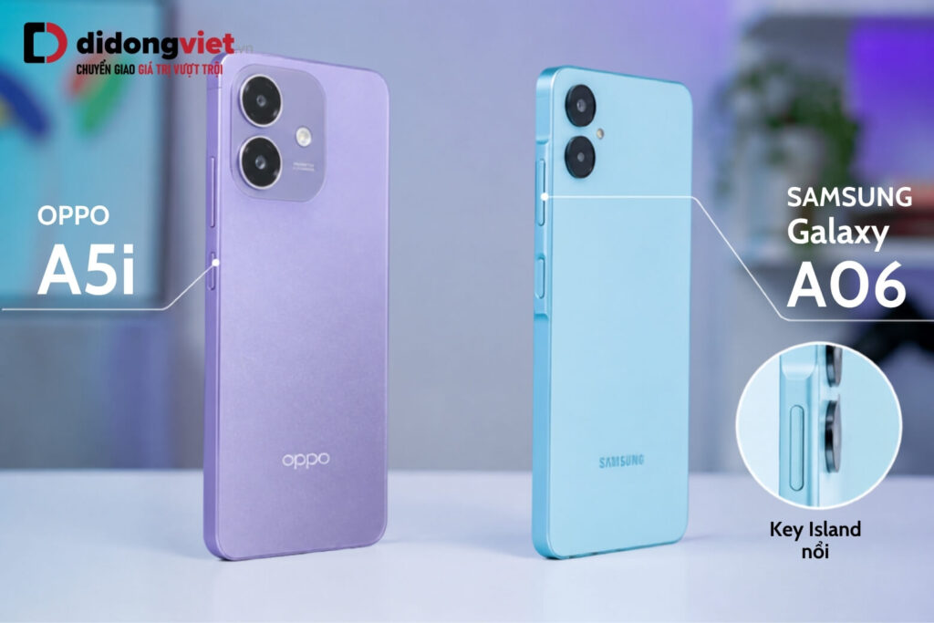 So sánh OPPO A5i và Samsung Galaxy A06 trong tầm giá 3 triệu đồng 5 Thiết kế mặt lưng và phần viền nổi Key Island khi so sánh OPPO A5i và Samsung Galaxy A06