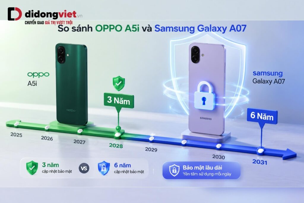 So sánh OPPO A5i và Samsung Galaxy A07 chi tiết để tìm máy bền và đáng tiền nhất 10 Galaxy A07 vượt trội với 6 năm cập nhật bảo mật và hỗ trợ phần mềm lâu dài.
