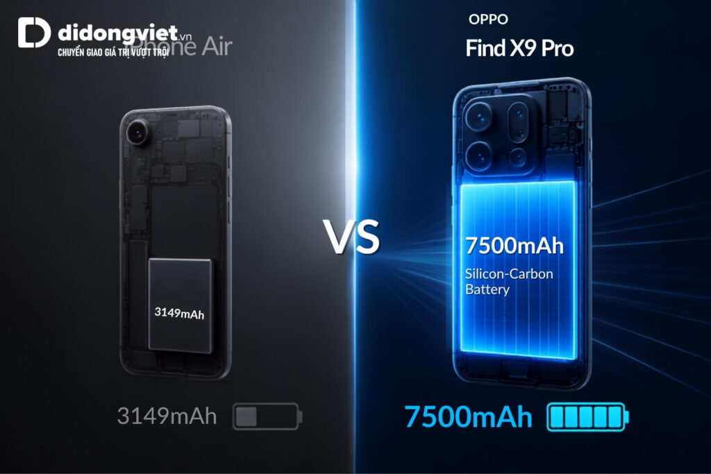So sánh OPPO Find X9 Pro và iPhone Air giữa thiết kế siêu mỏng và khả năng nhiếp ảnh 13 OPPO Find X9s áp đảo với pin 7500 mAh và sạc nhanh 80W cho thời lượng sử dụng vượt trội.