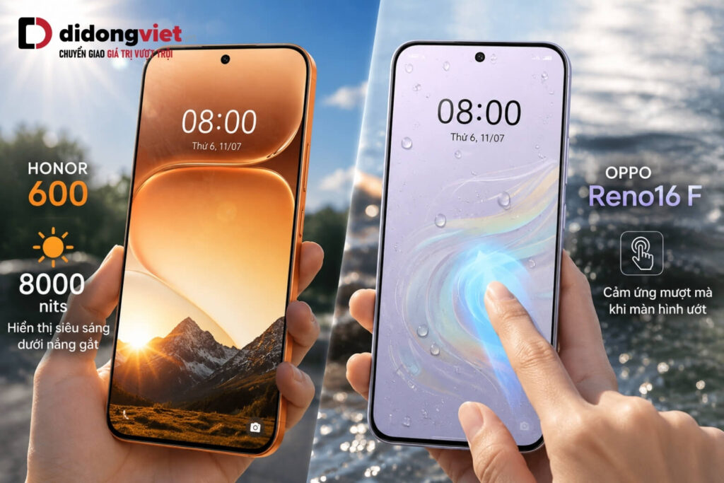 So sánh OPPO Reno16 F và Honor 600 theo nhu cầu sử dụng thực tế 8 Hiển thị ngoài trời nắng của Honor 600 bên cạnh khả năng cảm ứng khi tay ướt của OPPO Reno16 F