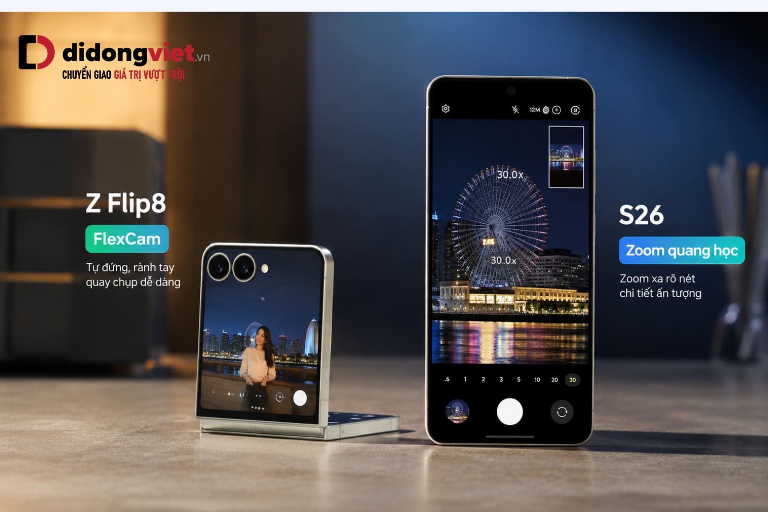 So sánh Galaxy Z Flip8 và Galaxy S26 dựa trên phong cách và giá trị sử dụng thực tế 9 Khả năng tự đứng quay vlog của Z Flip8 so với ống kính zoom xa trên S26